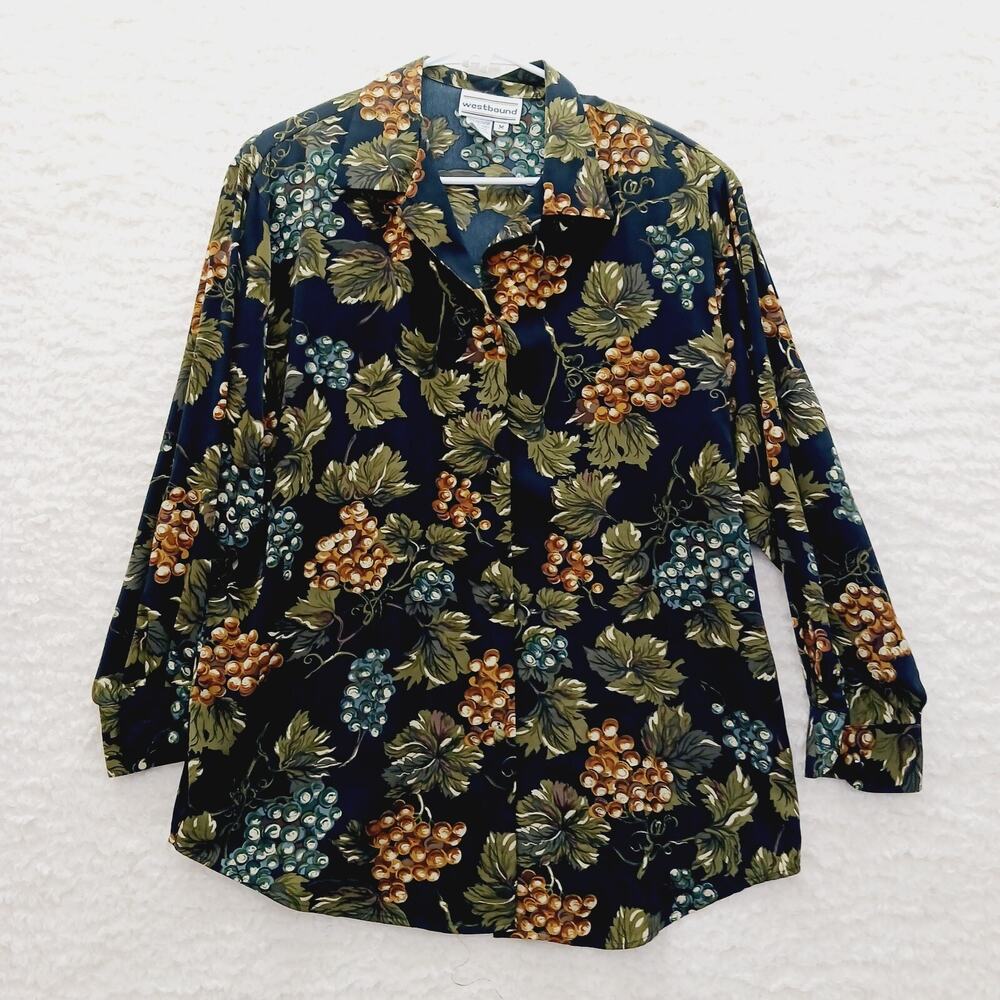 Blouse Button-Up Grapevine Retro Romantic Wine Tasting Bottle Glass Chic Size M